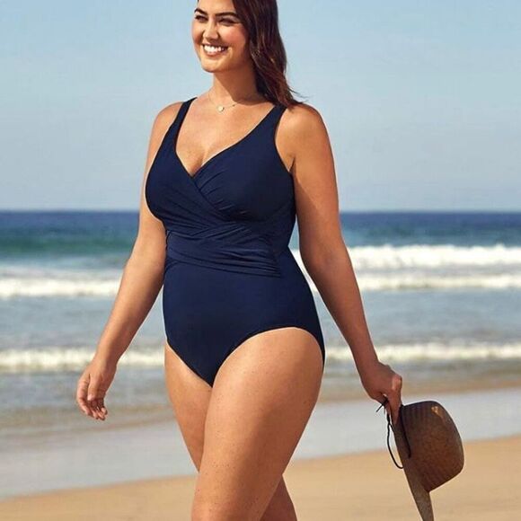 Lands End Womens Slender Suit Wrap One Piece Swimsuit Deep Sea Navy size 18W - Picture 2 of 9